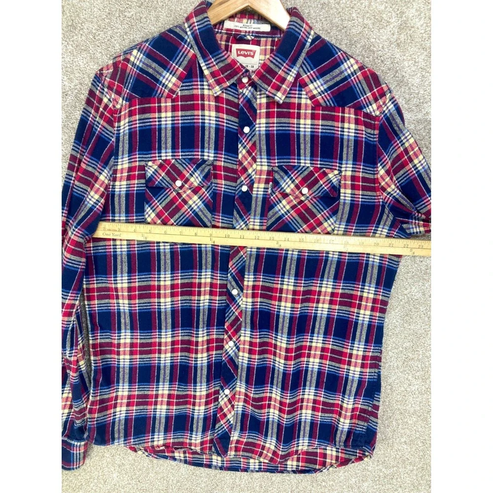 Levis Plaid Flannel Western Snap Button Shirt Mens XL Red Blue Modern Fit Cowboy
